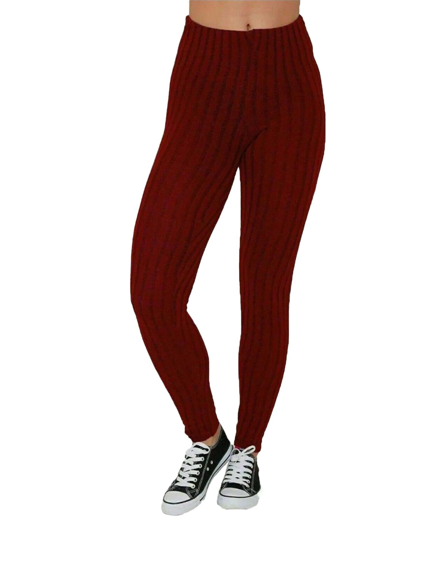 H&F Women’s Chunky Knitted Ribbed Thick Plain Full-Length Leggings Stretchy Warm Winter Pants Size (Wine, 20-22)