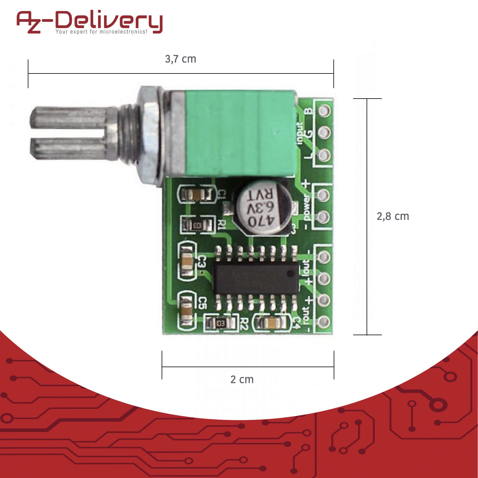 AZDelivery PAM8403 mini amplificatore stereo digitale 2x 3 Watt DC 5V scheda amplificatore di potenza con potenziometro per fai da te altoparlanti e cuffie incluso E-Book