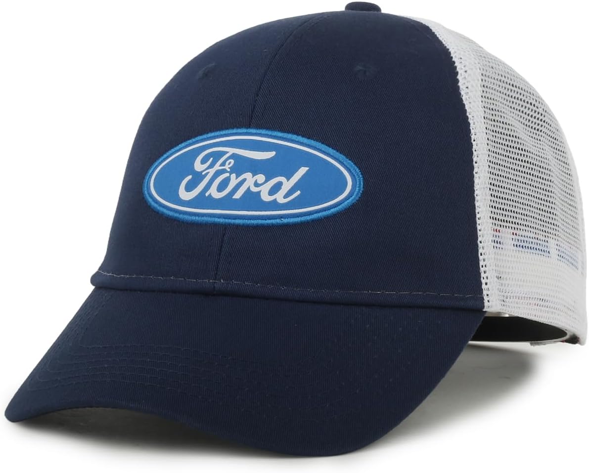 Ford Trucker Hat for Men – Official Logo Baseball Cap, Mesh Back Snapback, Adjustable, Navy/White