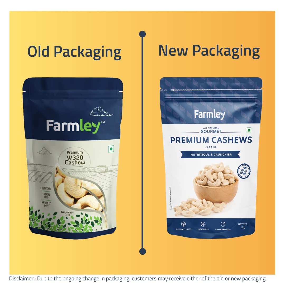 Farmley Natural & Premium W320 Lot de 1 kg de noix de cajou entières | Fruits secs Kaju | Riche en protéines, nutritives et croustillantes | Blanc naturel & sans conservateurs