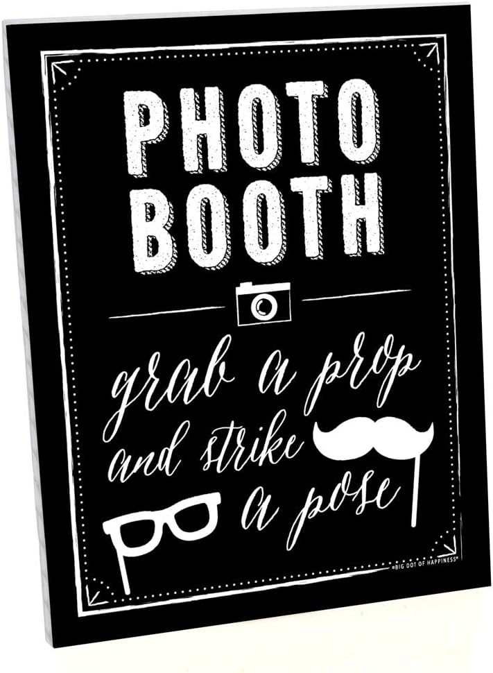 Big Dot of Happiness Photo Booth Sign with Stand – Festive & Durable Plastic Display – Indoor & Outdoor Party Decoration – 10.5” x 13.75”