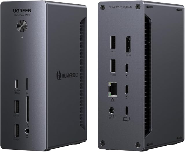 UGREEN Revodok Max Bouton de tonnerre 4 Quai, 40Gbps Transfert, pour macOS Station d'accueil Thunderbolt 13-in-1, Double 4K@60Hz Célibataire 8K Affichage, 90W Charge pour ordinateurs portables, 2,5 GbE, SD/TF Fentes 312MB/s
