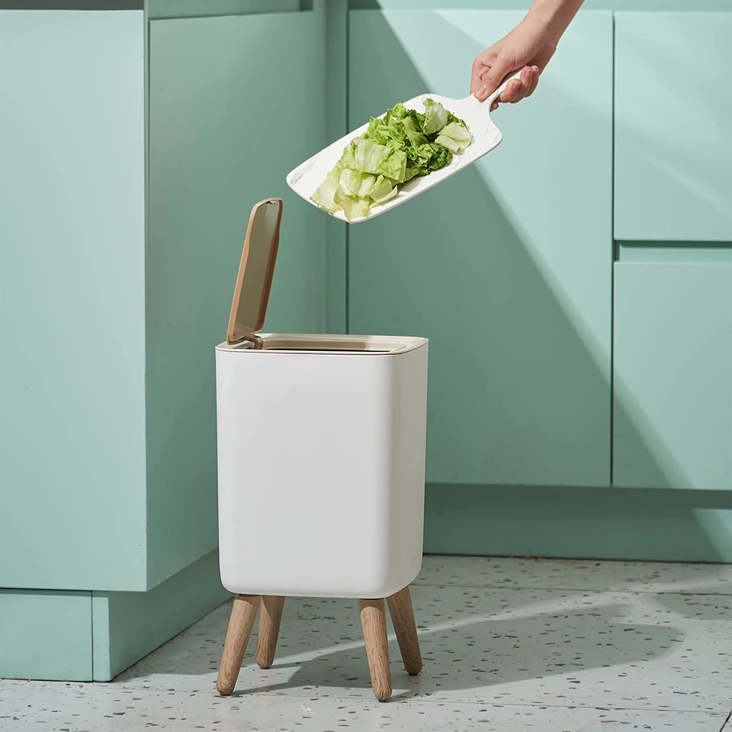 RELEMTRA Bathroom Trash Can with Lid, 2.6 Gallon / 10 Liter Small Garbage Can with Press Top Lid, Plastic Wastebasket with Pop-up Lid for Toilet, Office, Bedroom, Living Room, White