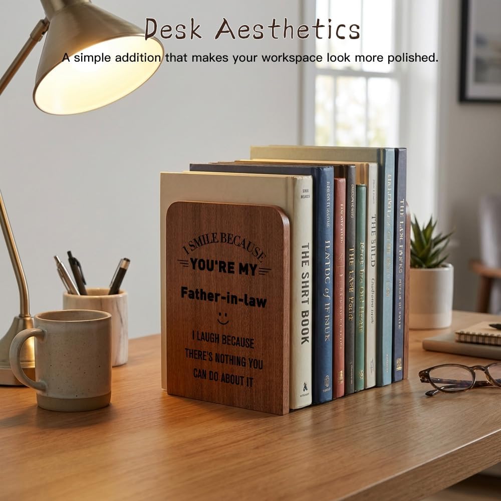 Fathers Day for Father in Law Gifts Wooden Bookends Novelty, Dad-in-Law Birthday Gift from Son-in-Law Wood Book Ends, Book Lover Gift Books Themed Present for Men Shelves Decorative