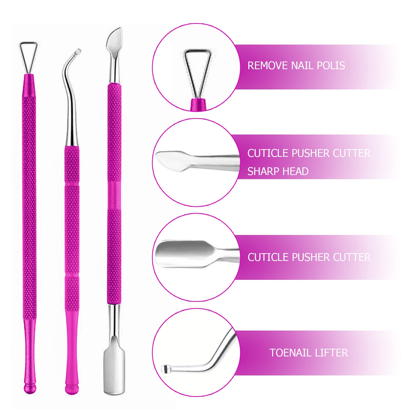 4 Piezas Corta Cuticulas Empujador de Cuticulas, Alicate para Cutículas y Herramienta de Cortador de Cutículas, Pinza de Cutículas Removedor de Cuticulas para Las Uñas de Dedos,Púrpura.