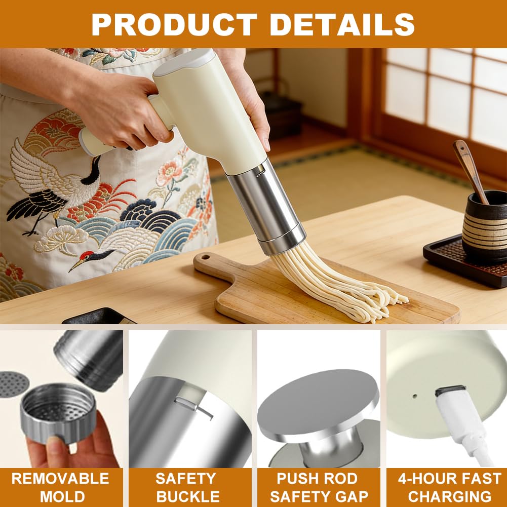 Machine à pâtes électrique portable, machine à pâtes automatique rechargeable avec 5 moules en acier inoxydable et gobelet doseur 20s de pâtes rapides pour nouilles faites maison, spaghetti, macaronis