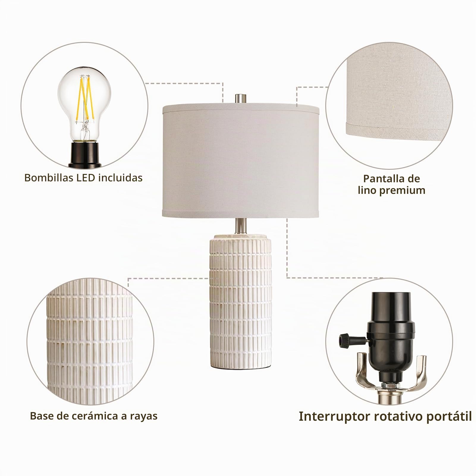 AIEAMPDO Juego de 2 modernas lámparas de mesa de cerámica de 23 pulgadas para sala de estar, dormitorio, mesita de noche, lámpara de escritorio beige y blanca para mesita de noche, entrada, 2