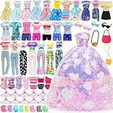 BARWA 37 Pcs Doll Clothes and Accessories for 11.5 Inch Girl Dolls Including 1Sequin Wedding Gown, 5 Tops 5 Pants, 4 Fashion Dresses, 2 Swimwear, 10 Hangers, 5 Pairs of Shoes, Bags, Glasses, Camera