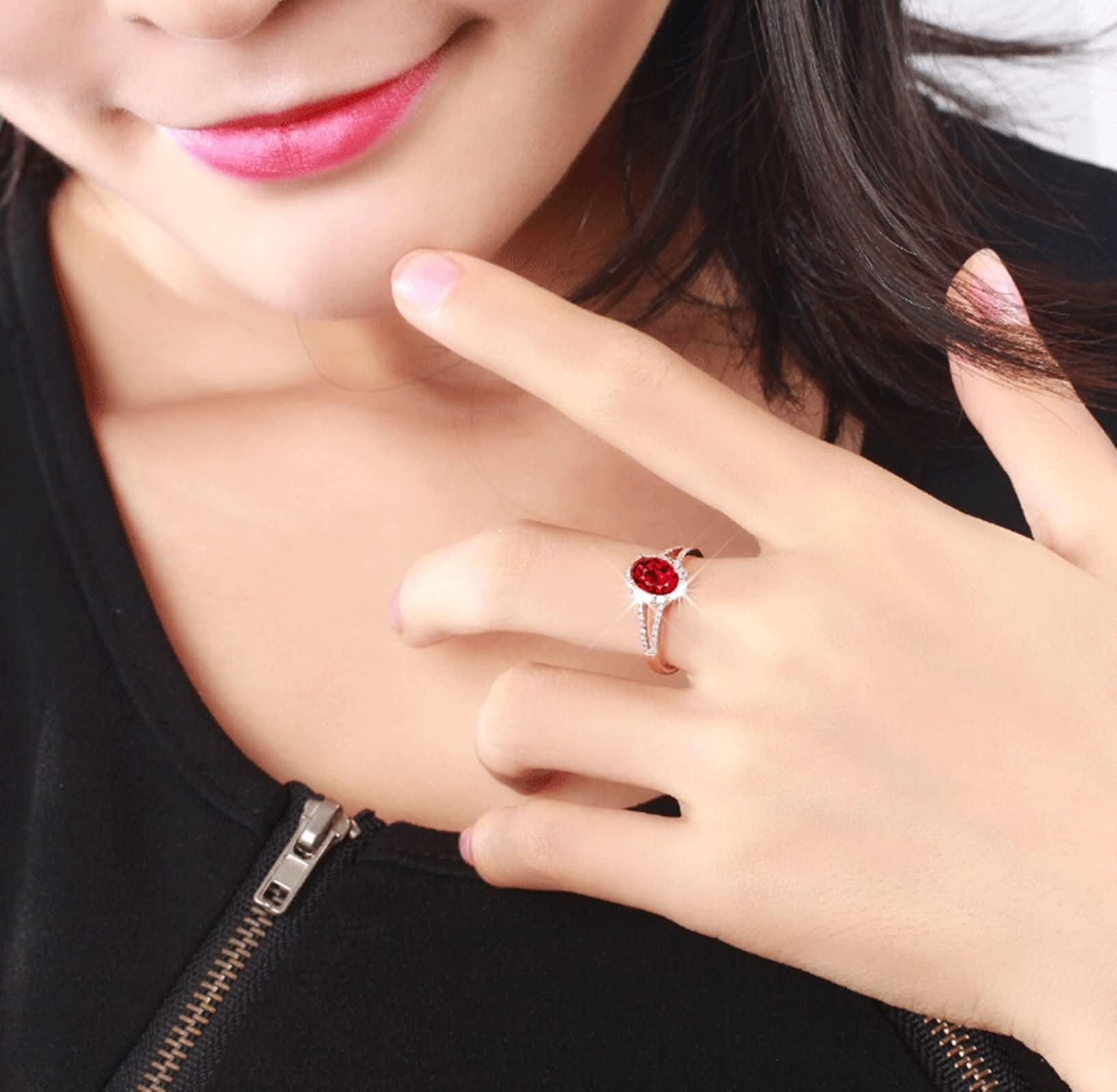 Beydodo Anillos de Matrimonio Oro Rosa de 9 14 18 K para Mujer con Flor y Oval con Rubí Creado y Moissanita, Anillo de Matrimonio Oro Rosa para Mujer