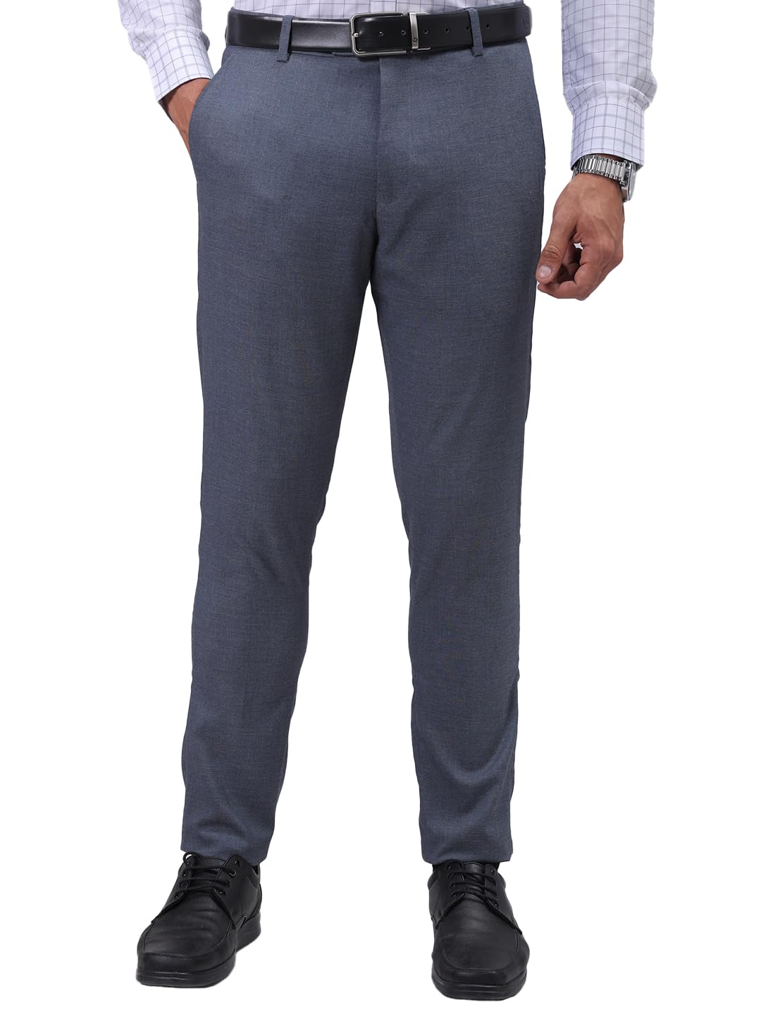 the indian garage co Men Mid Rise Slim Fit Self Design Mid-Rise Stretchable Formal Trousers-picture-28