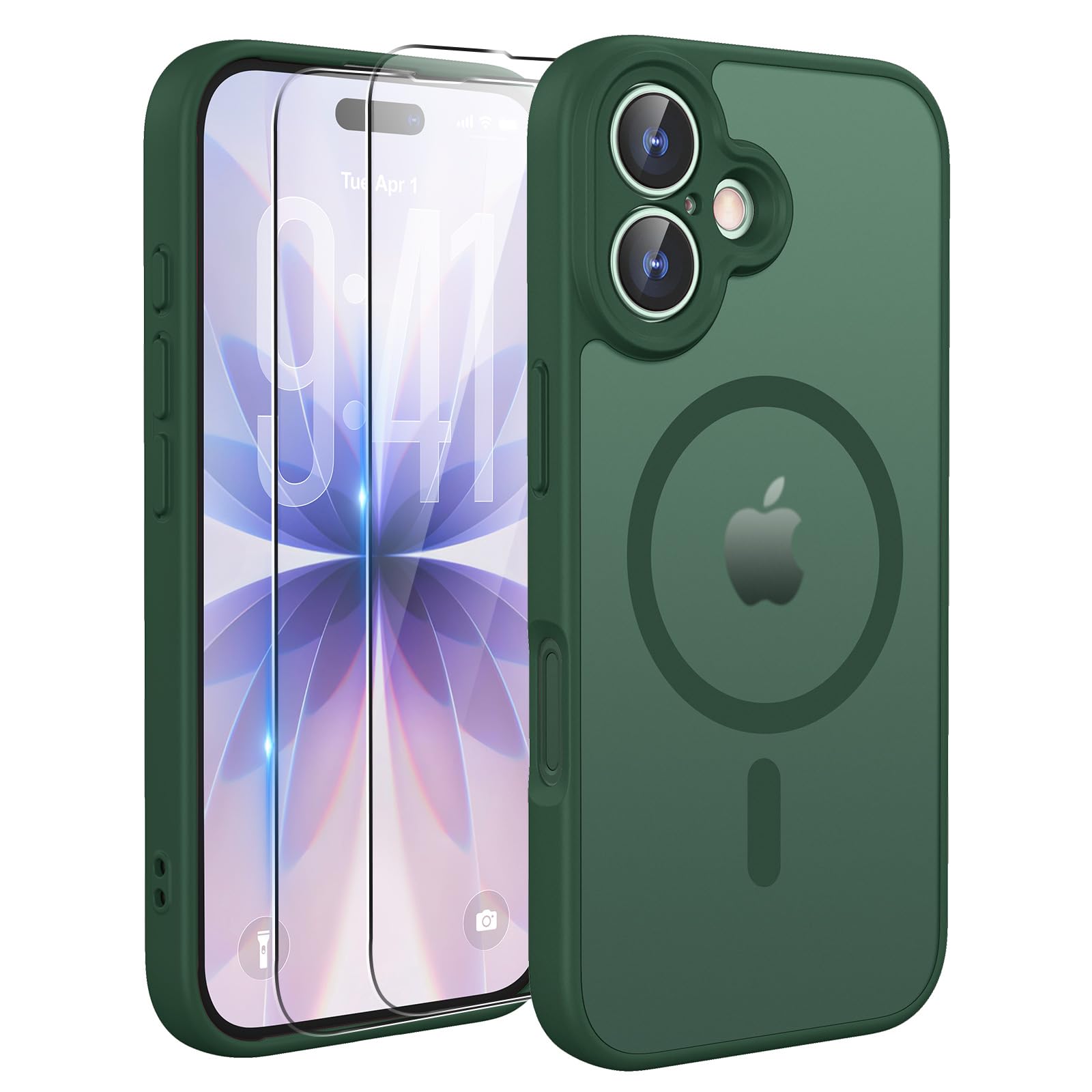 TQIAHF Cover Custodia Magnetica per iPhone 17, Verde | 2 Pellicola Vetro Temperato Protezione Schermo Compatibile con Magsafe Militare Antiurto Sottile Opaca Telefono Case