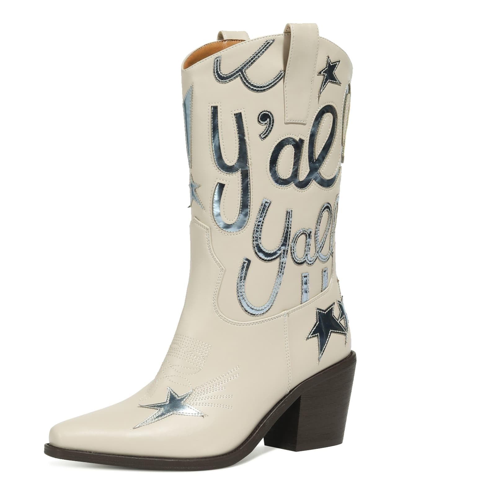 Womens Metallic Embroidery Western Knee High Boots Pointed Toe Chunky Heel Cowboy Boots Comfortable and Stylish Mid Calf