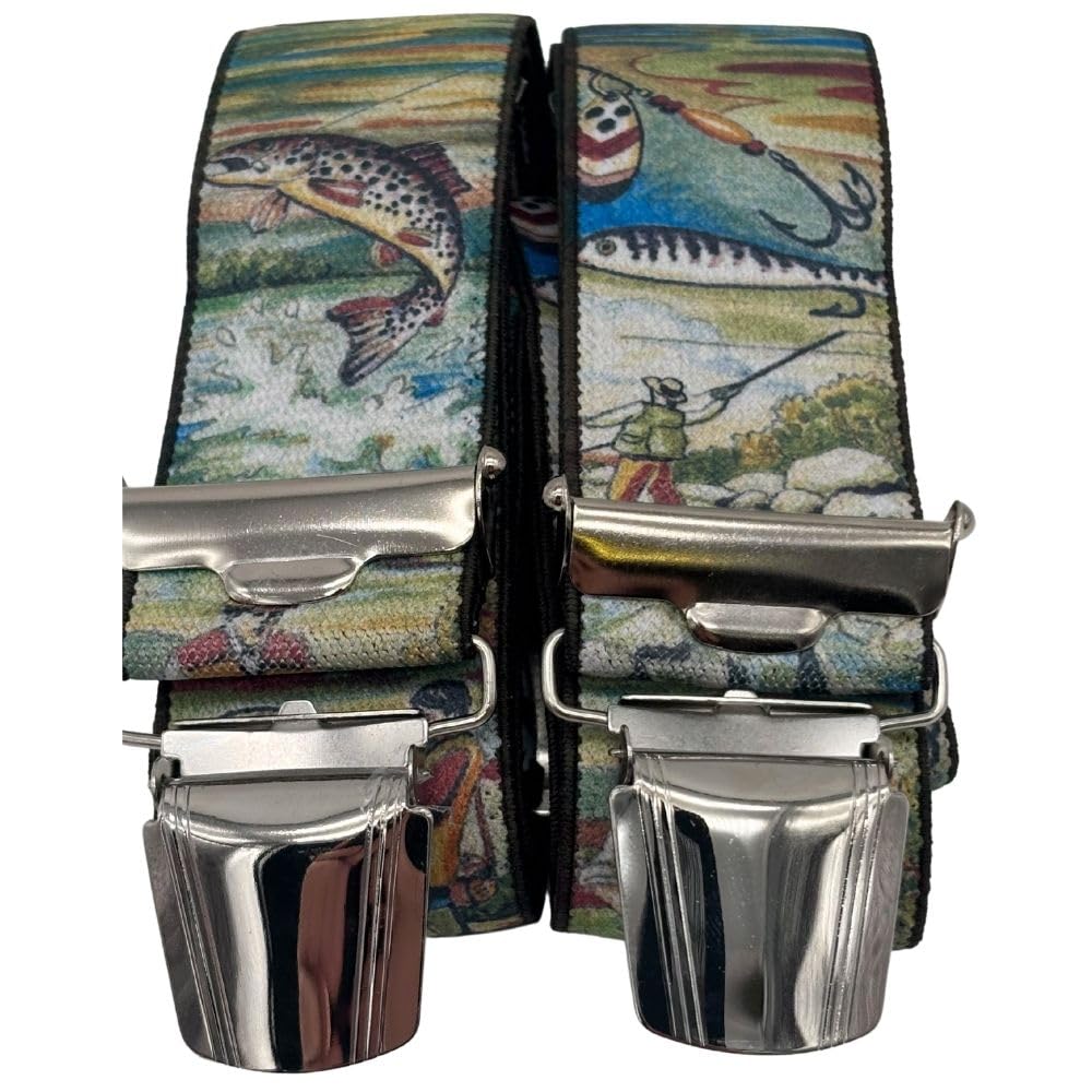 Generisch LACHS FISCHER ST-039 - Tirantes para pantalones (35 mm de ancho, en forma de H, con 4 clips extrafuertes), multicolor