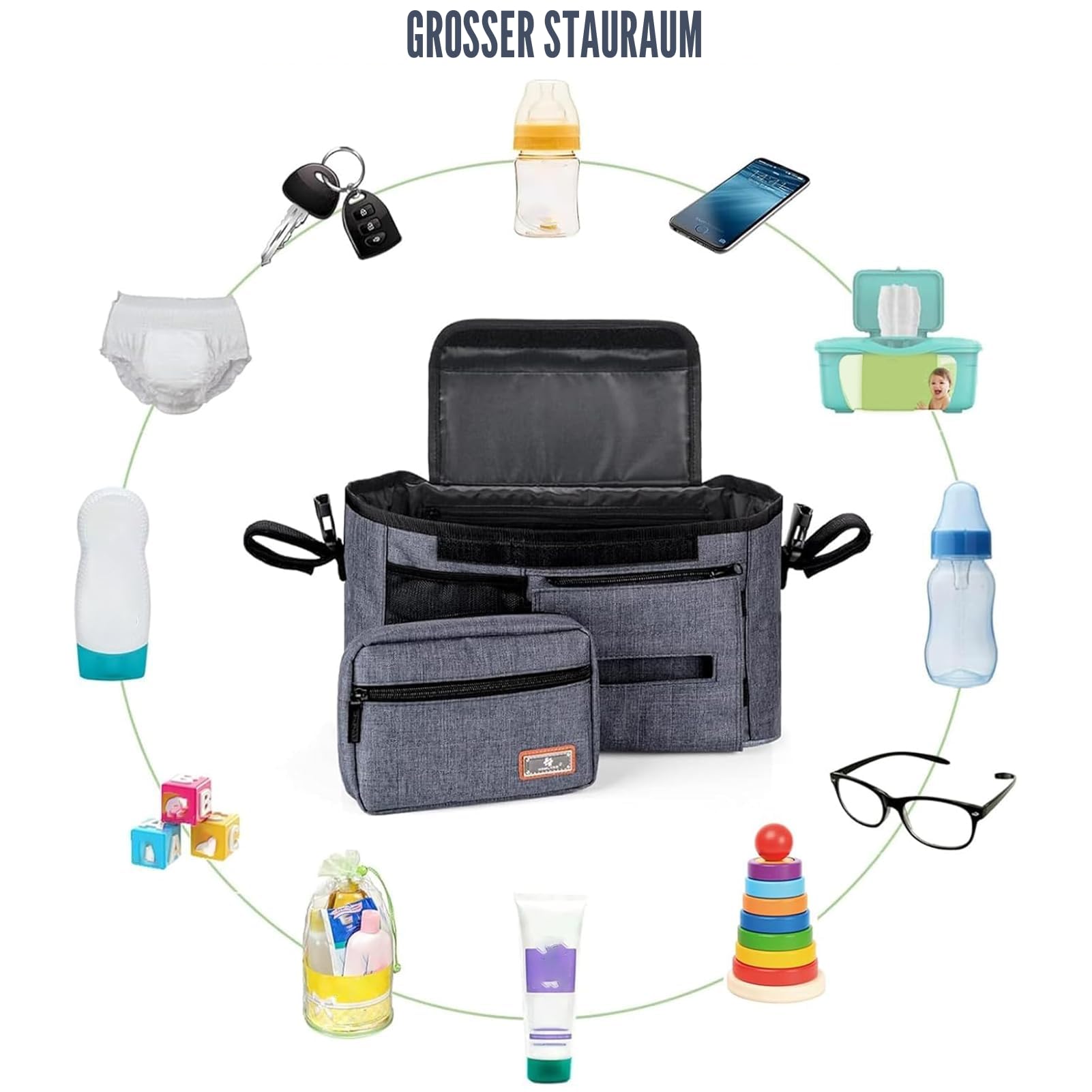 Neue Verbesserte Buggy Organizer Kinderwagen, Fasst 2 Getränkehalter für Babyartikel, Kann zur Aufbewahrung von Windeln und Spielzeug Verwendet Werden, Und Ist FüR Alle GeläNdewagenmodelle Geeignet