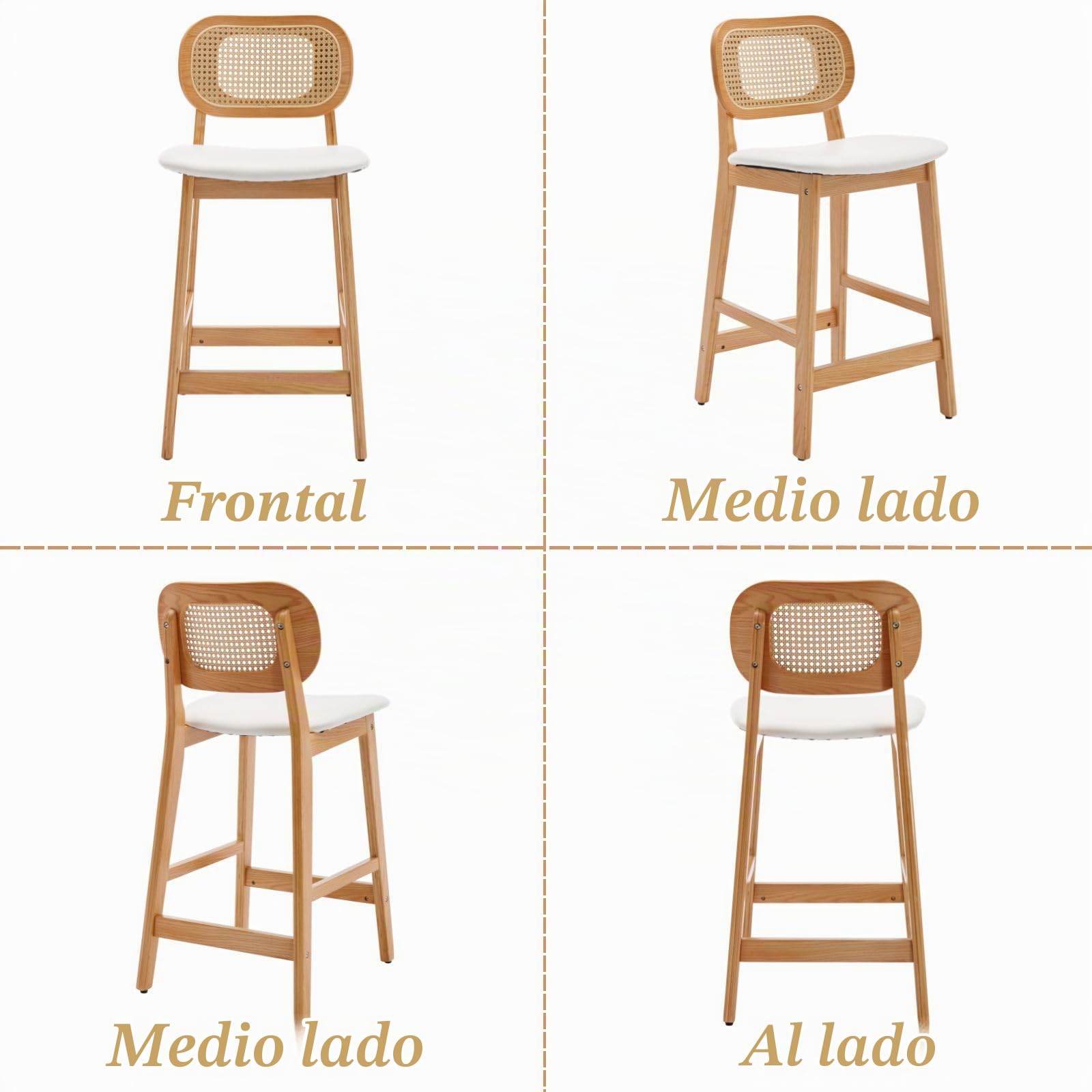 Ya-Home Juego de 2 Taburetes Altos de Cocina Patas de Madera,Blanco | Silla Alta de PU Cuero, Patas de Madera, Respaldo de Ratán, Cojin Comodo, para Isla Cocina/Bar/Bistró,MAX 113KG