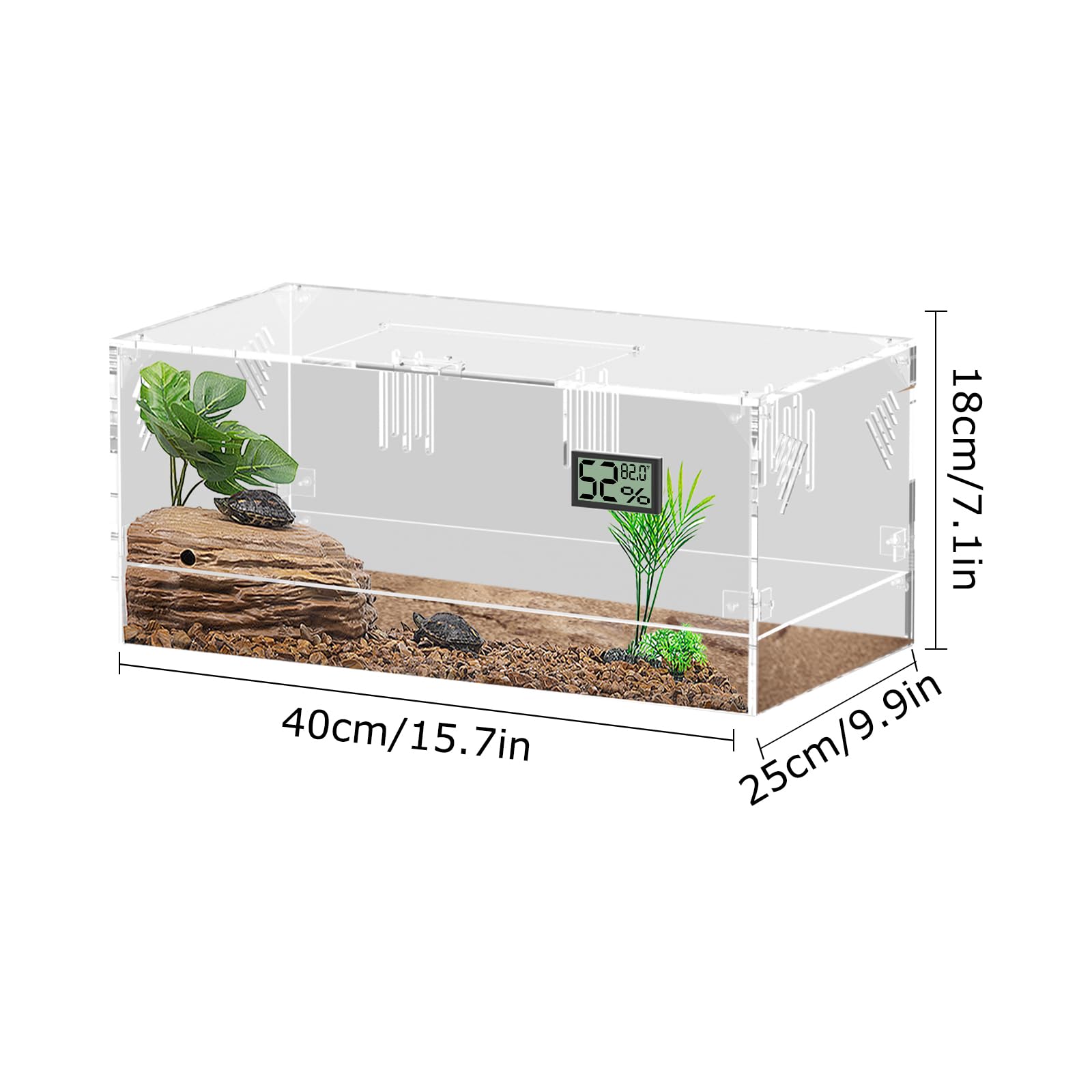 Tanque de terrario para reptiles, terrario de caracoles, grande, acrílico transparente, caja de alimentación para reptiles con higrómetro de temperatura, terario de arañas, caja de cría de