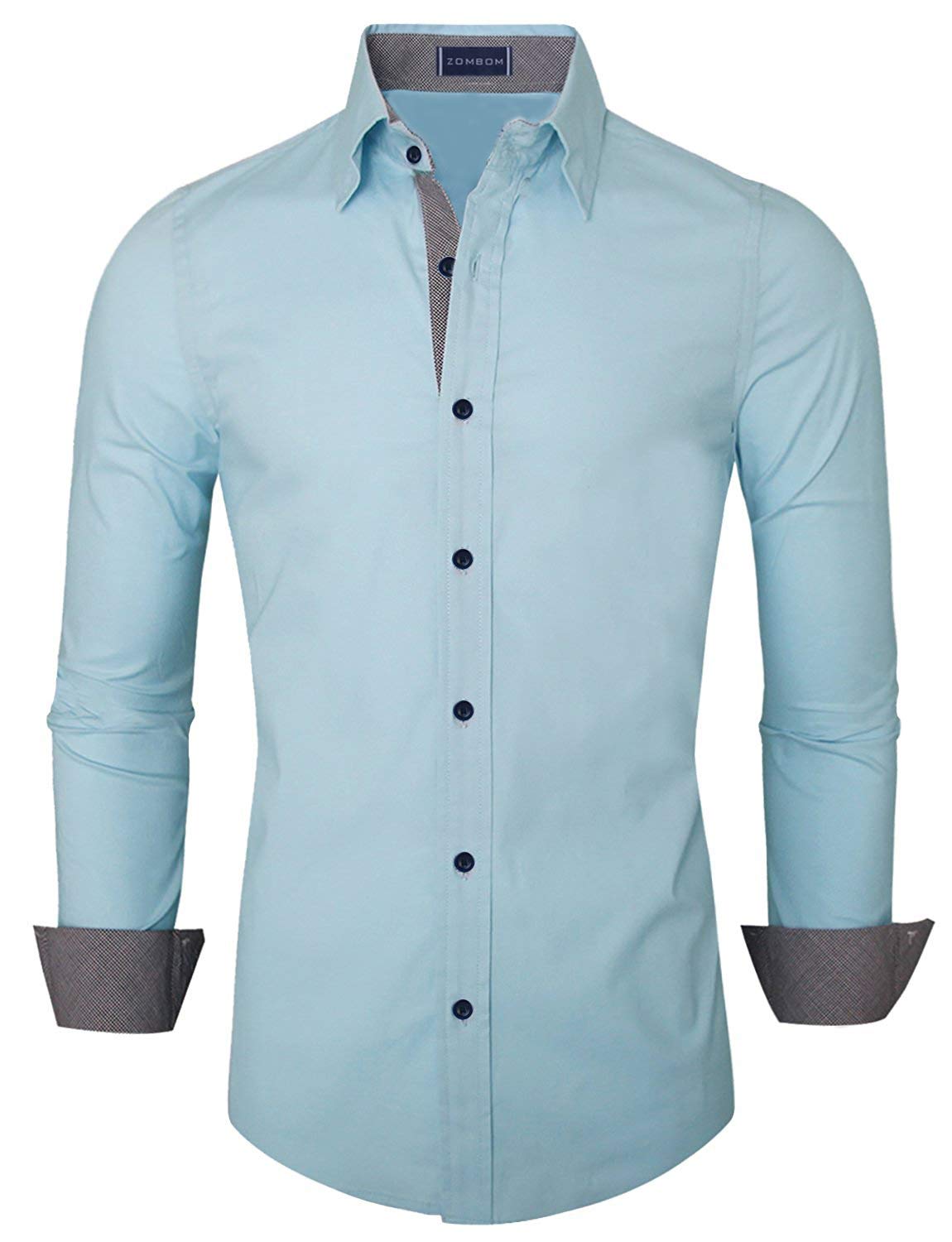 ZombomMen's Solid Cotton Blend Regular Fit Full Sleeve Collared Neck Casual Shirt Blue
