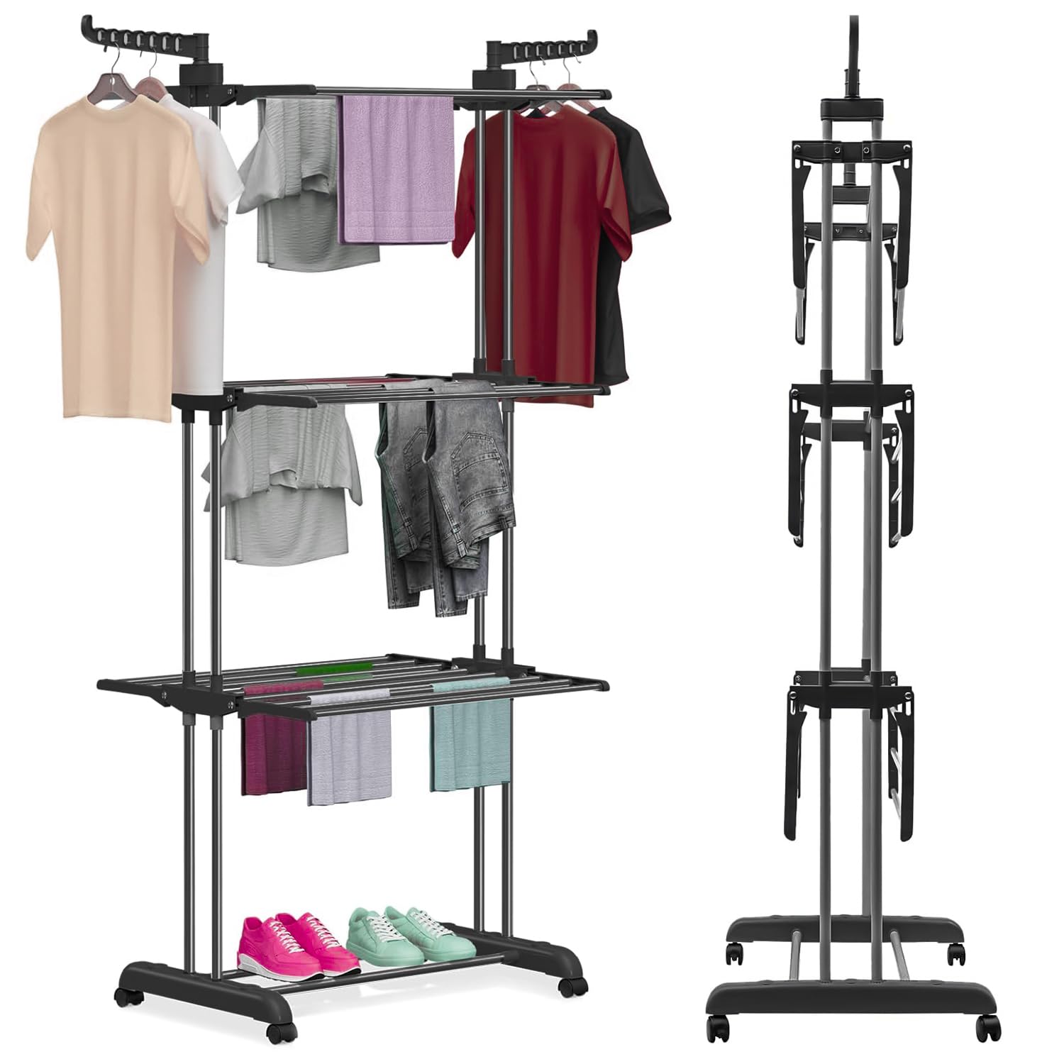 Pegs It Black Large Clothes Airer 170 X 74 X 49Cm| 4-Tier Laundry Drying Rack Indoor & Outdoor |Stainless Steel Space-Saving Clothes Dryer With Wheels | Foldable Design With 35Kg Capacity