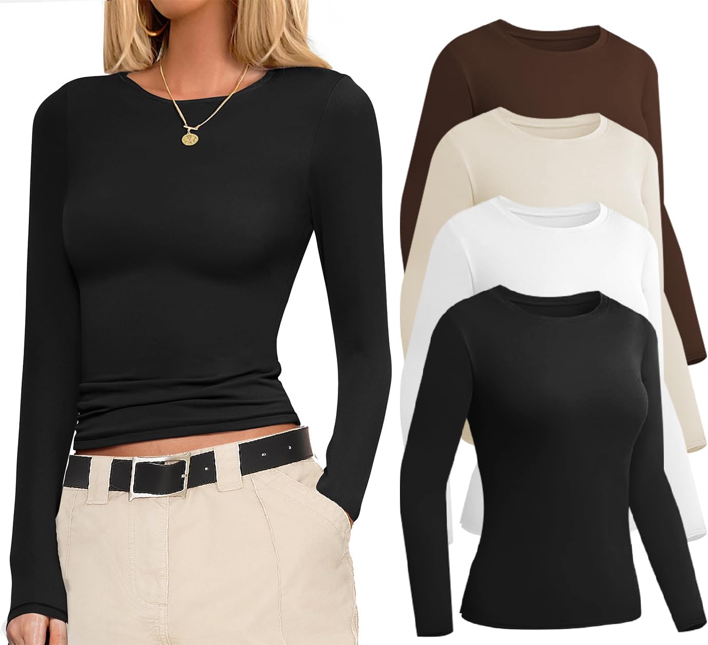 Ekouaer 4 Pack Women's Long Sleeve Basic Shirts Fitted Workout Tops Athletic Underscrubs Undershirts XS-XXL