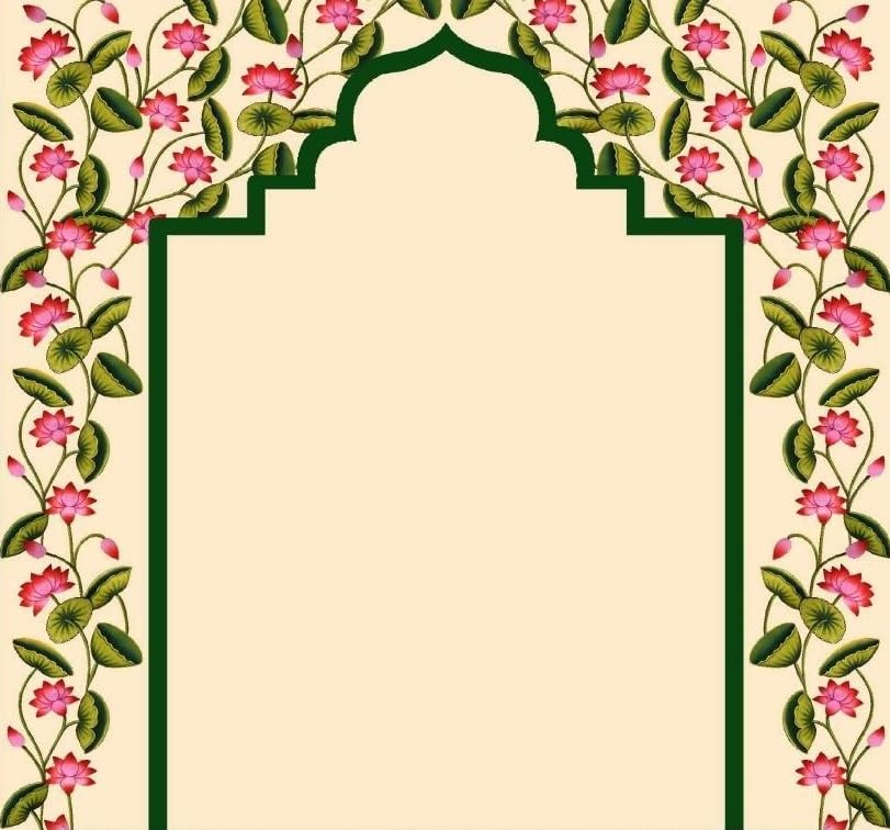 Image of Lakshmi puja Backdrop | Light Cream Traditional Backdrop with a Central Green Archway Frame and Pink Lotus Garden Borders 8x8 Feet | Background Decoration Cloth | Pooja pichwai Backdrop