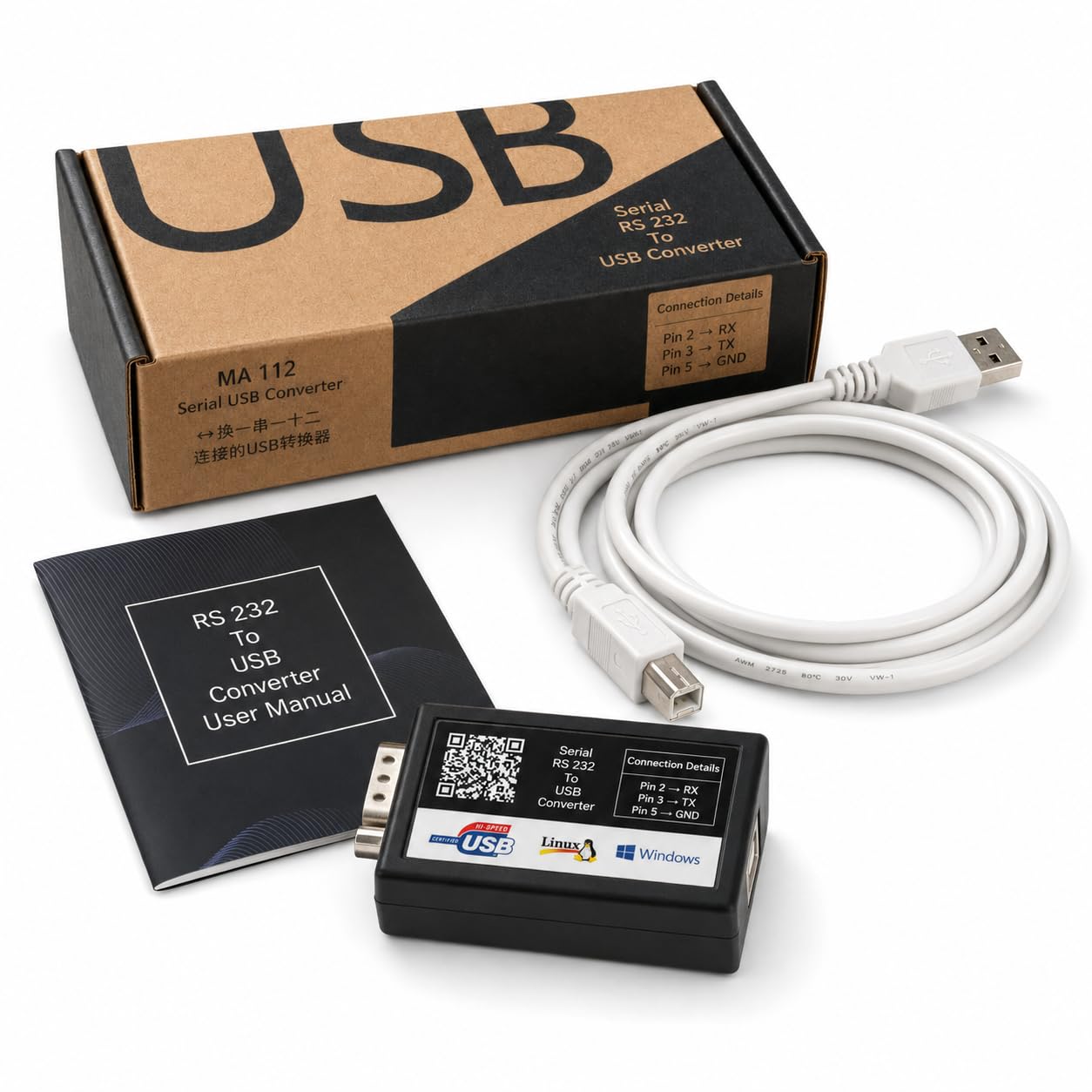 Navagraha USB to RS232 Converter, DB9 USB Serial Adapter, MA112 (Black) | USB to RS232 DB9 Serial Converter Adapter-image-0