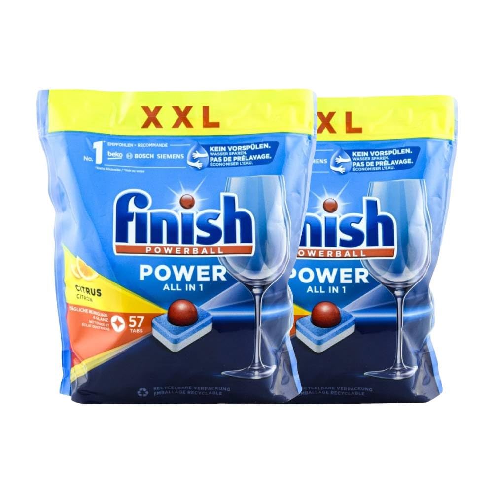 Detergente lavavajillas Finish Powerball limón Todo en 1 57 pastillas pack de 2. Total 114 pastillas