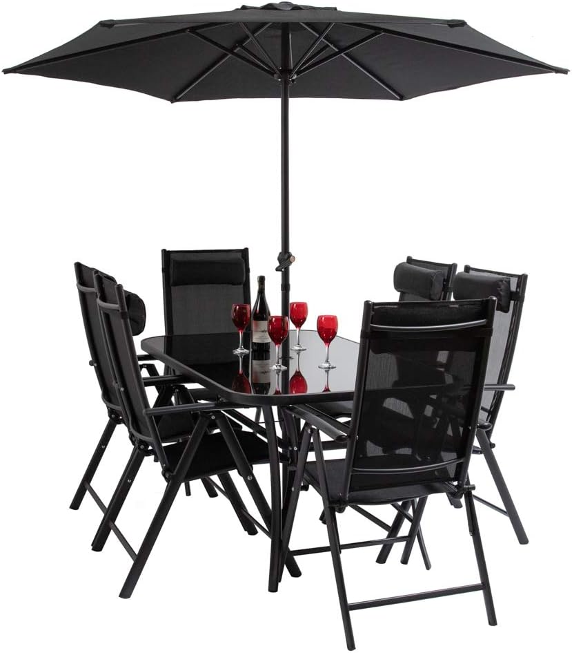 – Hectare Polytex 6 Seater Metal Garden Furniture Outdoor Dining Set with Reclining Chairs and Parasol in Black