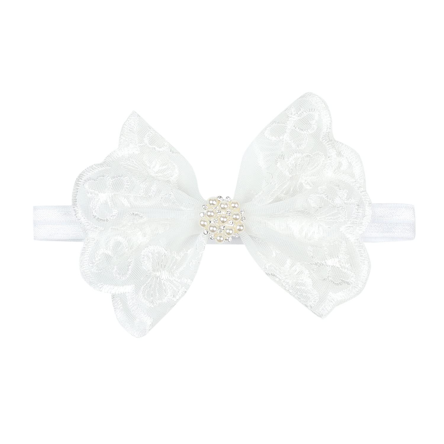 Baby Girl’s Elegant Lace Bow Knot Headband Children’s Rhinestone Pearl Lace Headband for Birthday Party Photography (White Pearl)