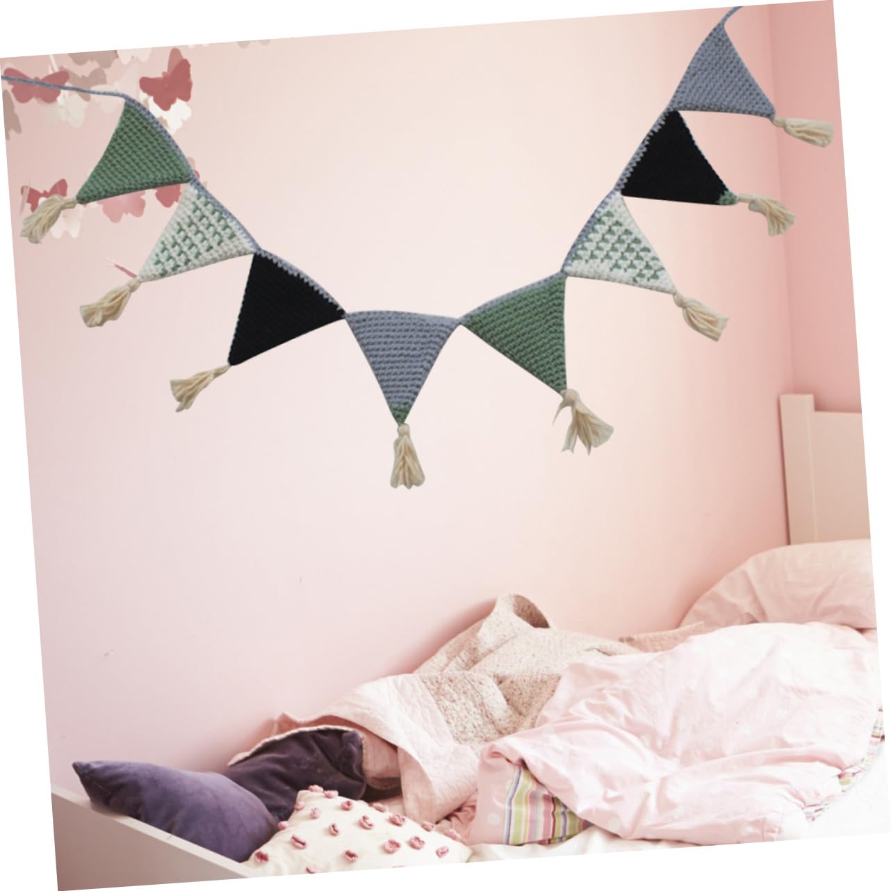 Toyvian 2piezas Guirnalda De Banderines De Algodón Mano Para Decoración De Cumpleaños y Shower Banderines Triangulares Para Habitaciones Infantiles Verde