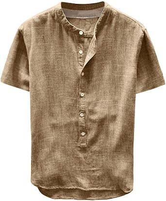 Henry Colla Men's Casual Striped Cotton Linen Shirt Loose Short Sleeve Casual Buttons Shirt