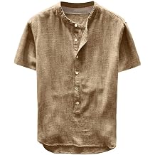 Henry Colla Men's Casual Striped Cotton Linen Shirt Loose Short Sleeve Casual Buttons Shirt