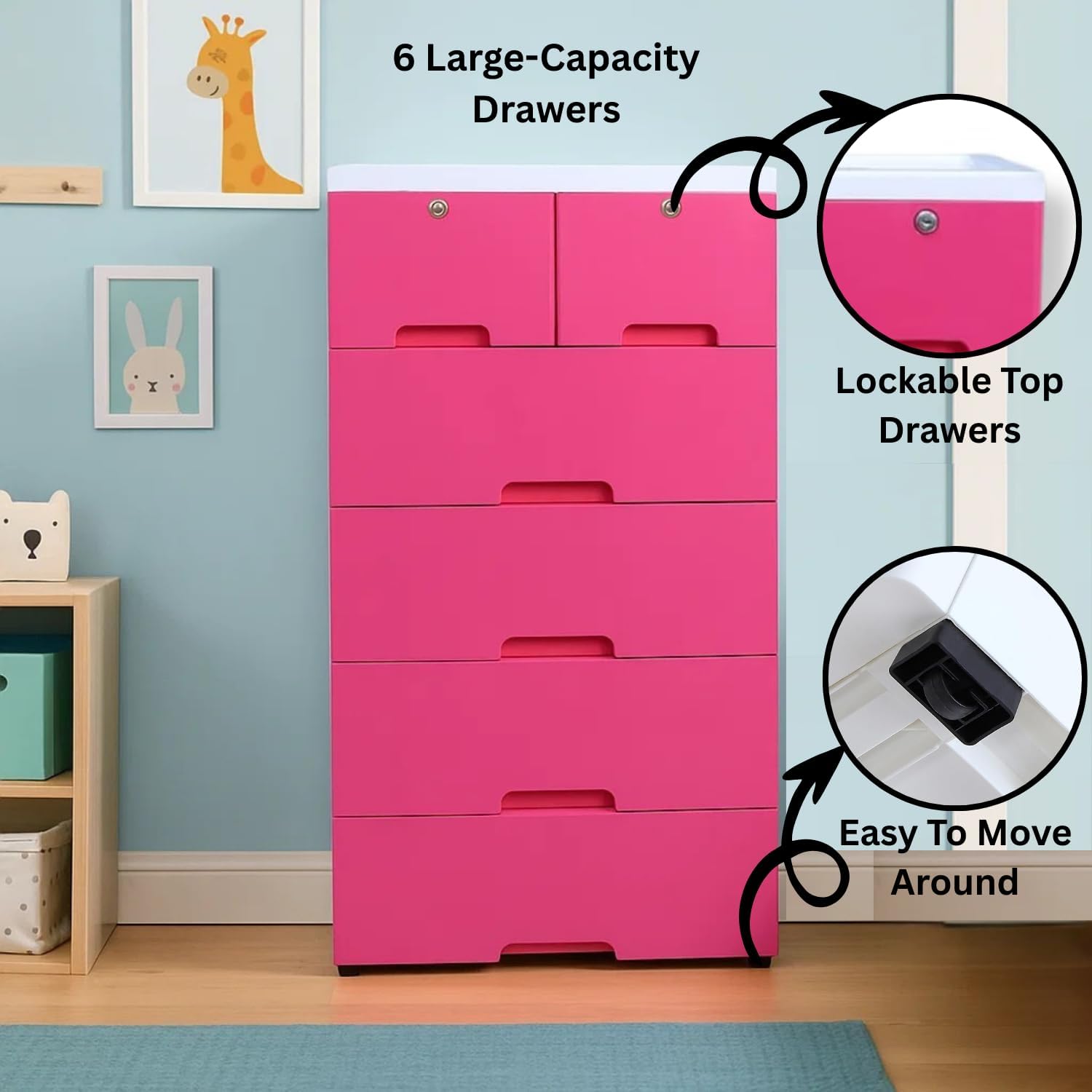 The Tickle Toe 6-Drawer Glossy Plastic Chest for Kids | Dark Pink Storage Organizer with Locks | Portable Child-Safe Cabinet for Clothes & Toys | 44L x 28.5W x 82H cm | Made in India 1