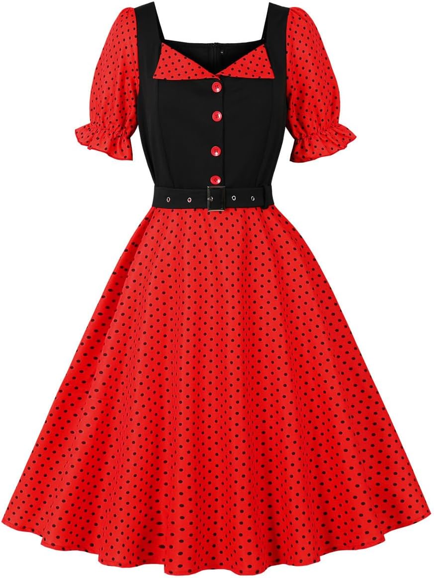 1950s Dresses for Women Vintage Polka Dots Rockabilly Retro Short Sleeve Dress Audrey Cocktail Party Evening Prom Gown