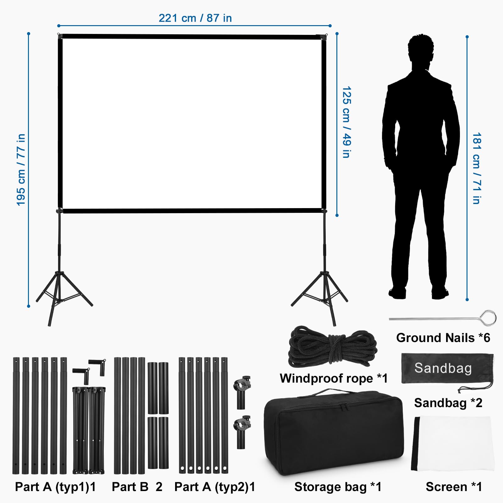Écran de Projection 100 Pouces 16:9 HD sans Plis trépied Portable