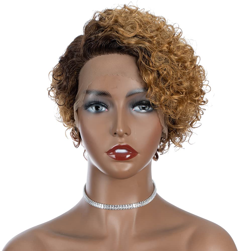 Rebecca Fashion Ombre Brown Blonde Curly Pixie Cut Lace Front Wigs Human Hair Water Wave Short Pixie Cut Wig Side Part 13x5.5x0.5 HD Lace Lace Front
