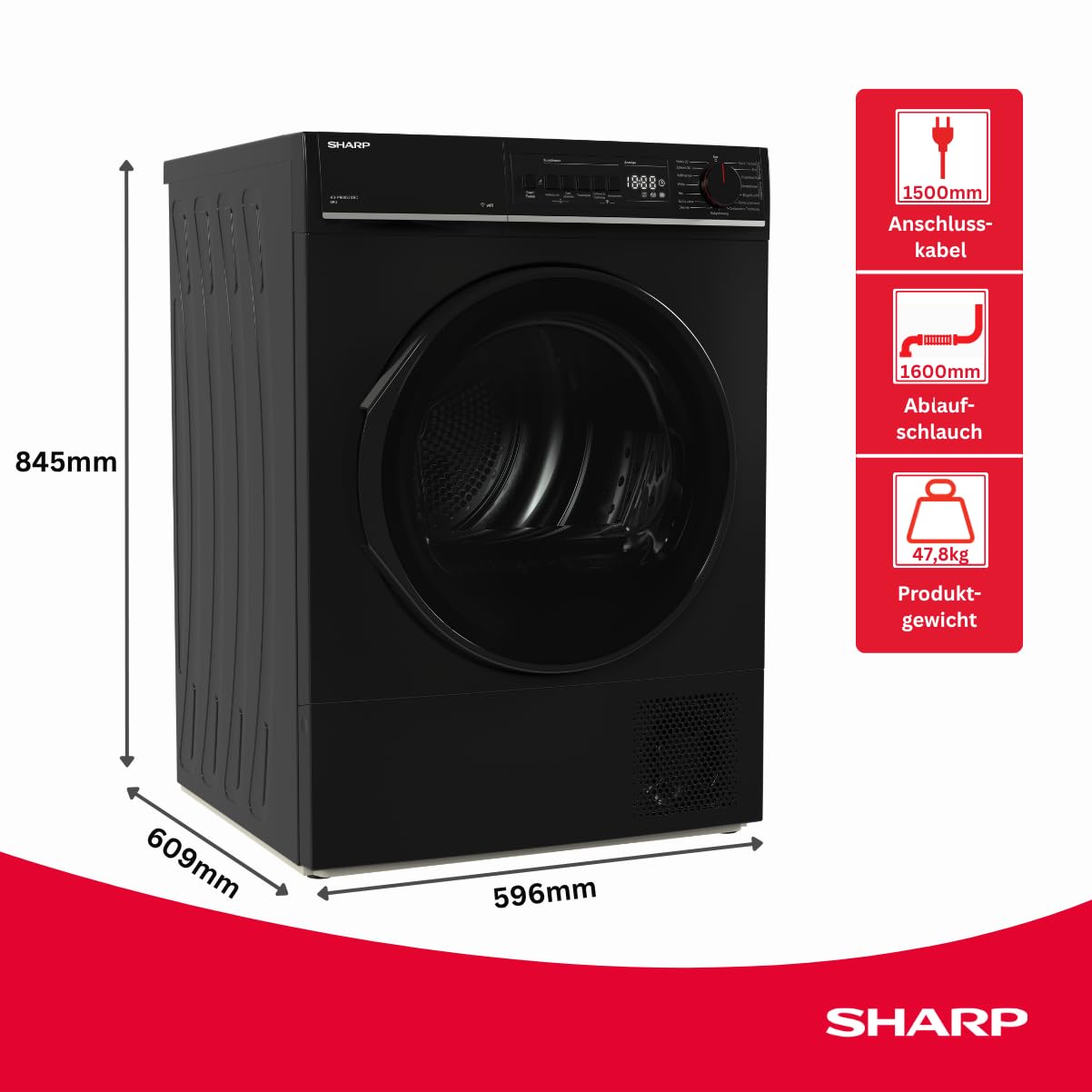 Sharp KD-PRO8S7GBC-DE Wäschetrockner, 8kg, C, WiFi, 15 Trockenprogramme inkl. 20-Minuten-Schnelltrockenprogramm, Schwarz