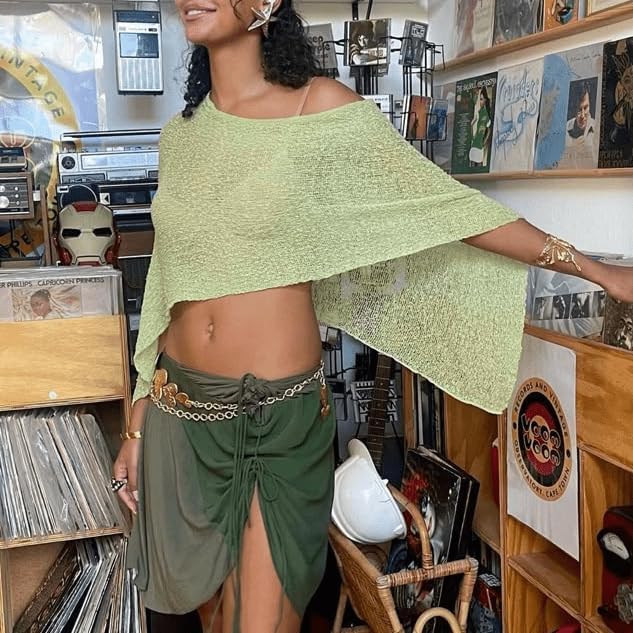 Women Sheer Poncho Top Knit Crochet Lightweight See Through Shawl Summer Shrug Beach Cover Up - Image 2