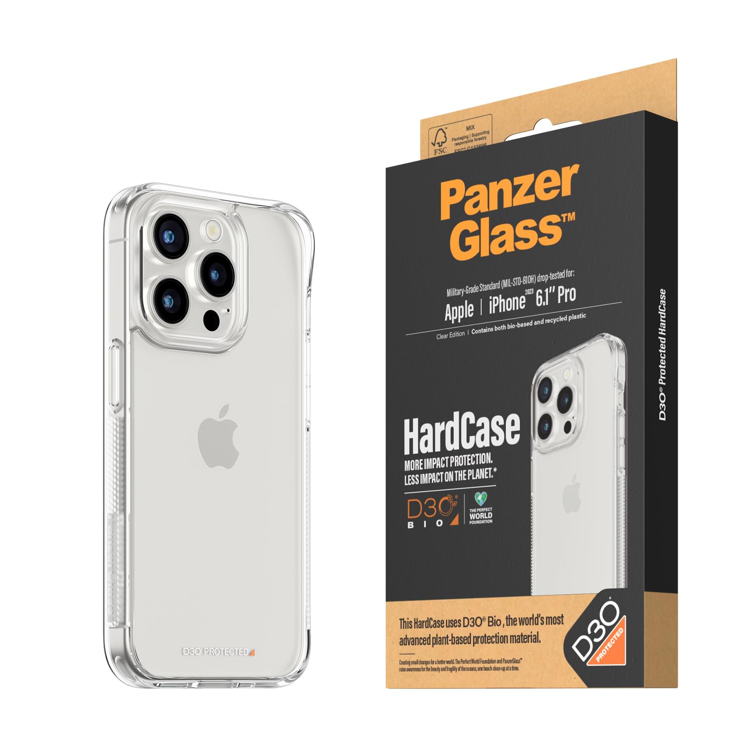 PanzerGlassBio-Based HardCase w/ D3O Compatible with iPhone 15 Pro 2023 6.1"| Ultimate Drop/Impact Protection Hard Cover, Anti-Scratch, Anti-Yellowing - Clear