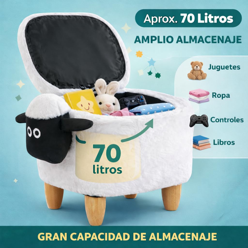 TIENDA EURASIA – Banco Puff con Almacenaje Diseño Oveja | Tapa Abatible | 63x35x37 cm | Estructura de Madera | Puff Decorativo para Dormitorio y Salón