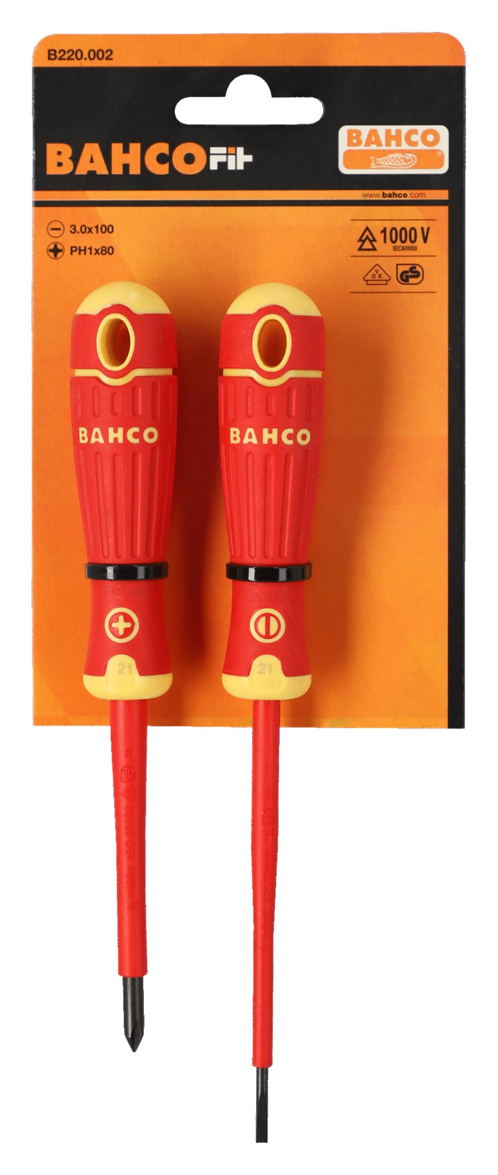 Bahco B220.002 Fit Slotted 3.0/Ph1 Insulated Screwdriver Set, Multi-Colour - Image 3