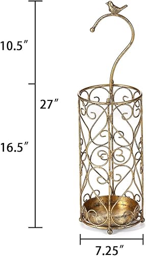 Miniatura 2 de Soporte para paragüas, estante para entrada, bastones para caminar, mango de pájaro de hierro fundido y bandeja de goteo (oro antiguo)