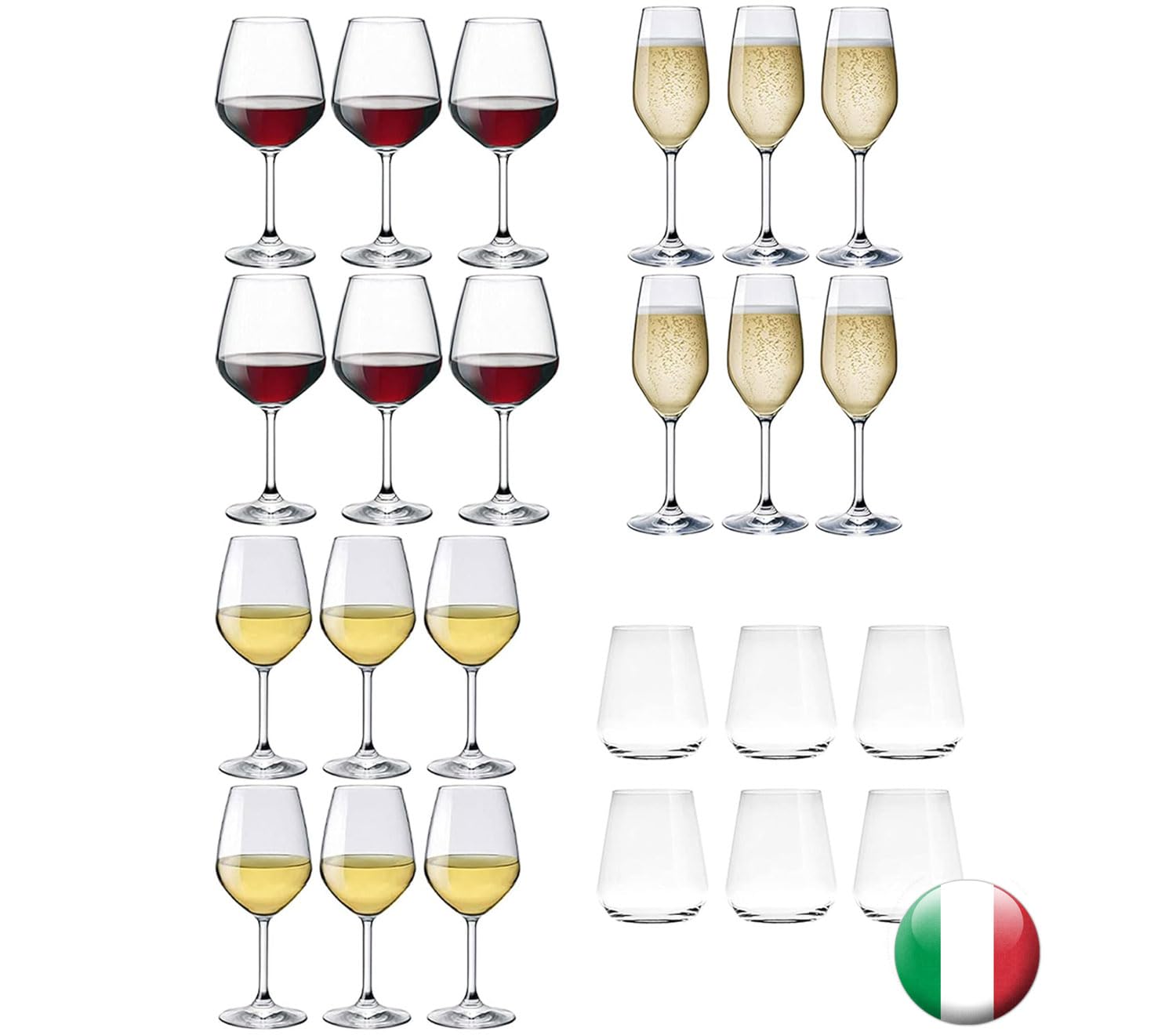 Servicio para 6 personas, 24 piezas, juego completo, copas de vino blanco 44 cl., copas de vino tinto 53 cl., copas de vino tinto de 53 cl., copas de champán de 24 cl., vasos de agua 35 cl.