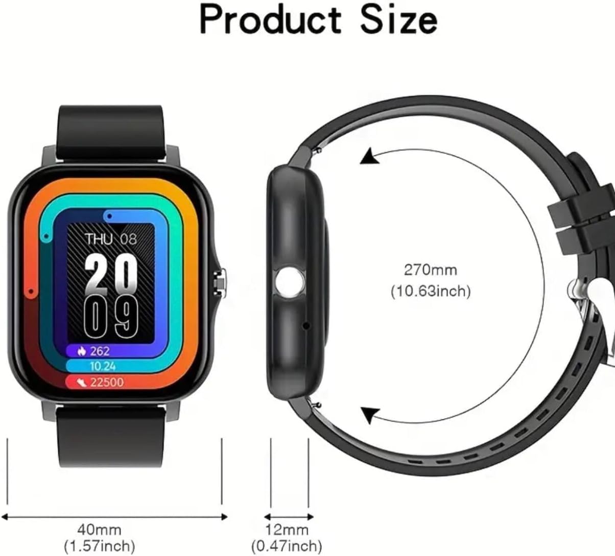 Diagrama que muestra las dimensiones del reloj inteligente GWENLAND: 40 mm de ancho, 12 mm de grosor y 270 mm de largo total.