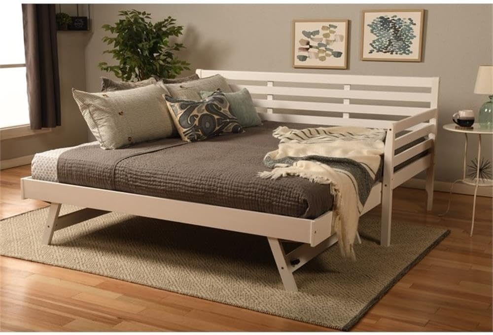 Pemberly Row Boho Wood Daybed with Pop Up Bed, 80 in x 42.5 in x 38.5 in, White Frame, Gray Mattresses, Solid Hardwood Construction, Twin or King Size Convertible, Sturdy Casters for Guest Room Use