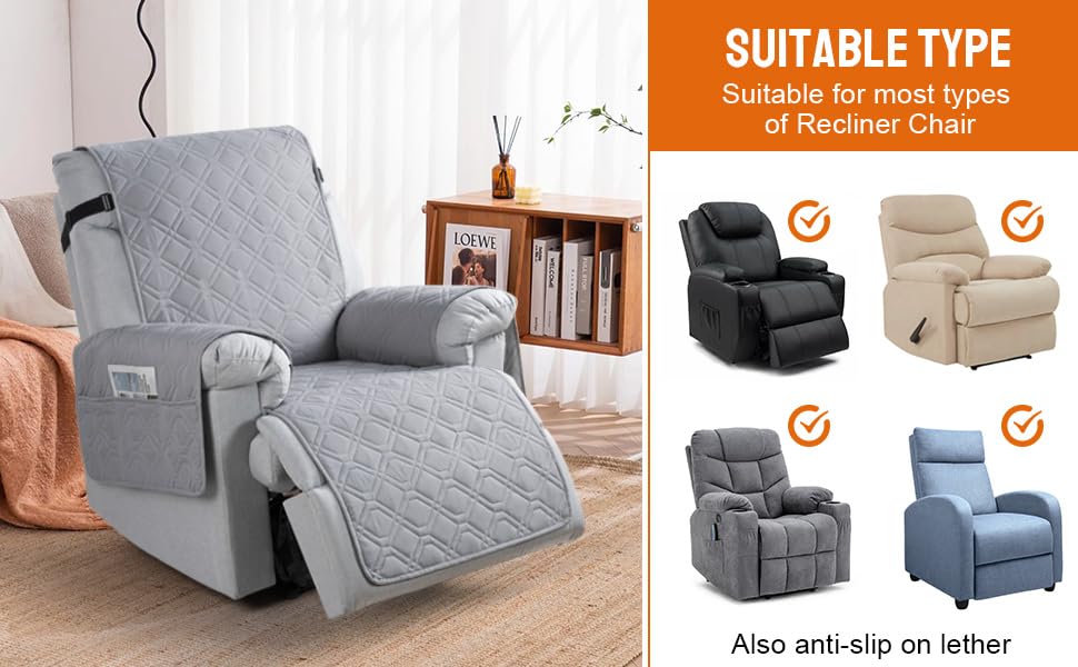 Image of VANSOFY 100% Waterproof Recliner Chair Covers, Recliner Cover Non-Slip Dog Chair Cover Furniture Protector Washable Slipcover with Pocket, Elastic Straps for Pets, Dogs(Light Gray, 28 inch)