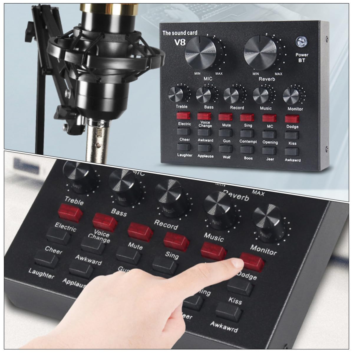 Housoutil Scheda Audio Esterna Professionale Mixer Audio e Effetti, Microfono Condensatore Nero in Metallo Volume Regolabile per Live Streaming e Canto