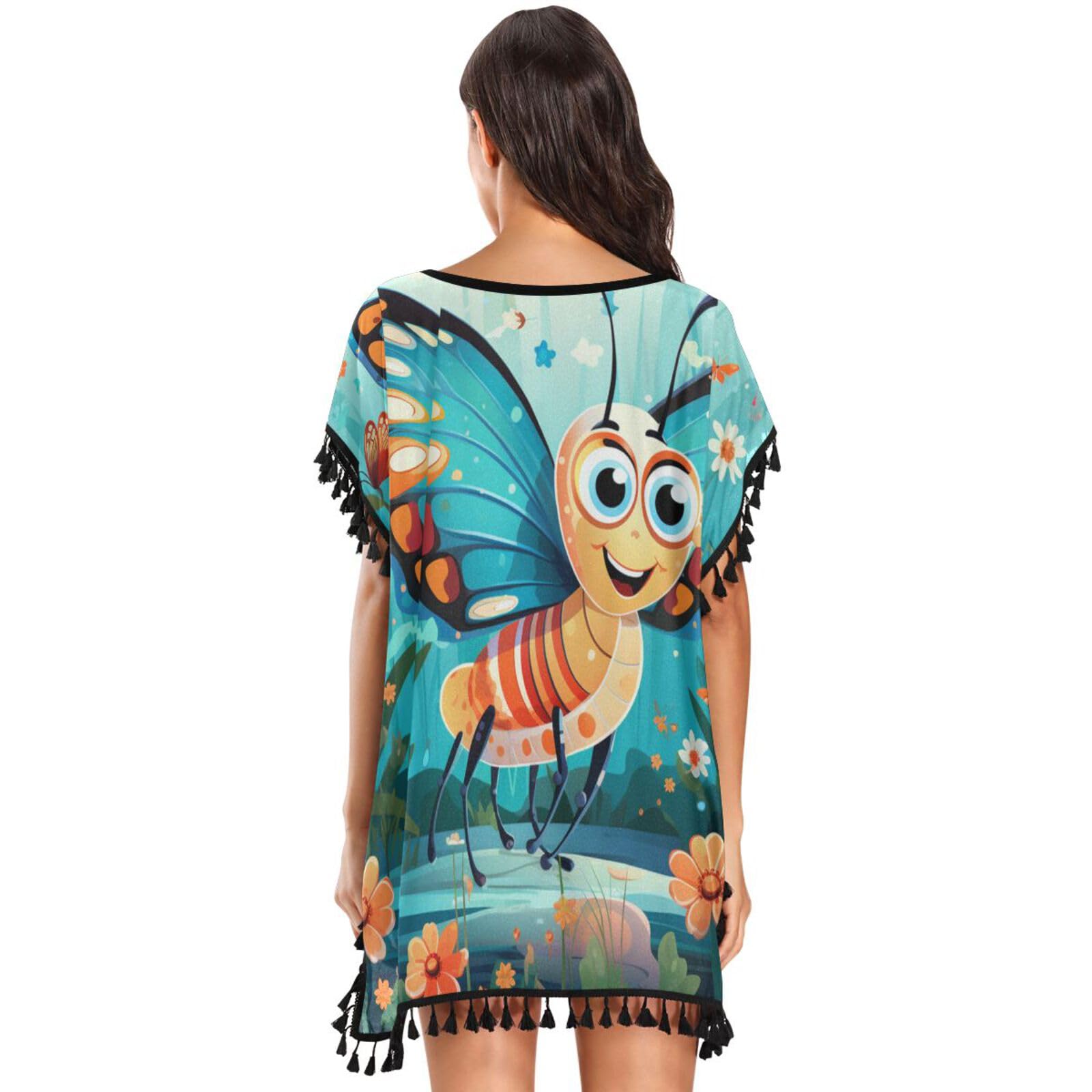 Forest Flower Animals Butterfly Women's Beach Cover Up Chiffon Tassel Swimwear Swimsuit Coverups for Girl