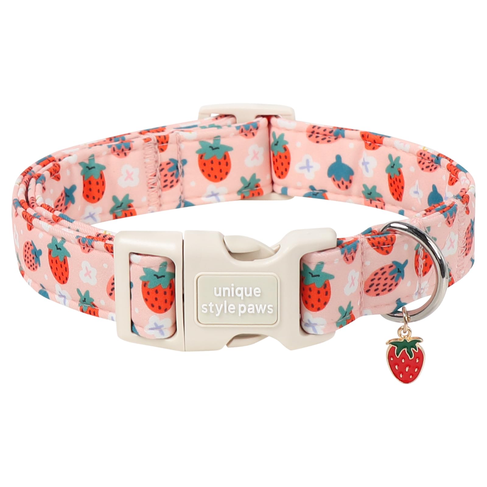 Unique style paws Strawberry Dog Collar, Spring Summer Adjustable Cotton Dog Collar with Strawberry Charm, Quick Release Buckle, Strong Metal D Ring, Pink Fruit Dog Collar for Small Medium Large Dogs