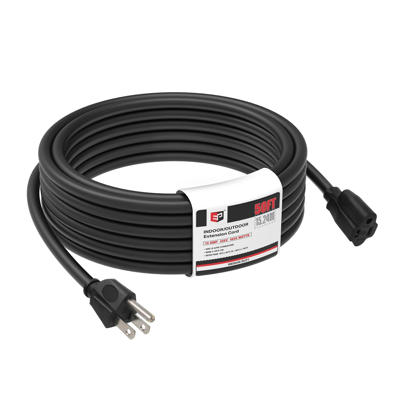EP 50 FT Outdoor Extension Cord, 16/3 SJTW Heavy Duty Black, ETL Listed