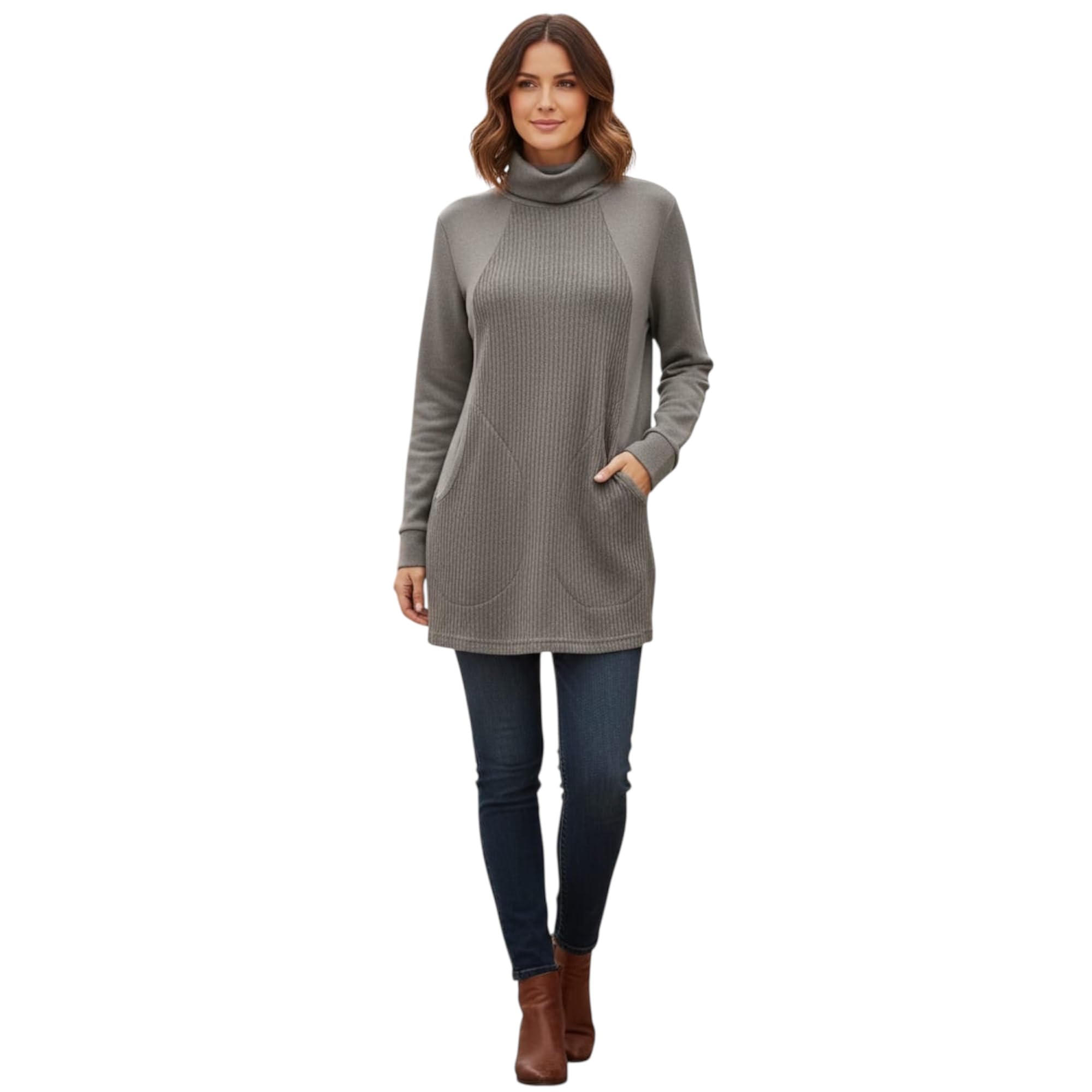 Women's Grey Cable Knit Mock Neck Tunic Sweater Top Long Sleeve Winter S/M-image-39